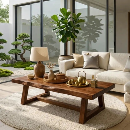Rustic Solid Wood Coffee Table with Live Edge Top and Trestle Base for Living Room - view 2 of 7