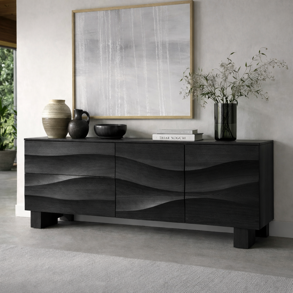 Solid Wood Wave Front Console Cabinet – Modern Sculpted Storage Sideboard - view 4 of 7