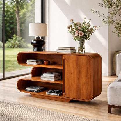 Curved Solid Wood Console Sideboard – Modern Walnut Storage Cabinet with Shelves - view 3 of 7