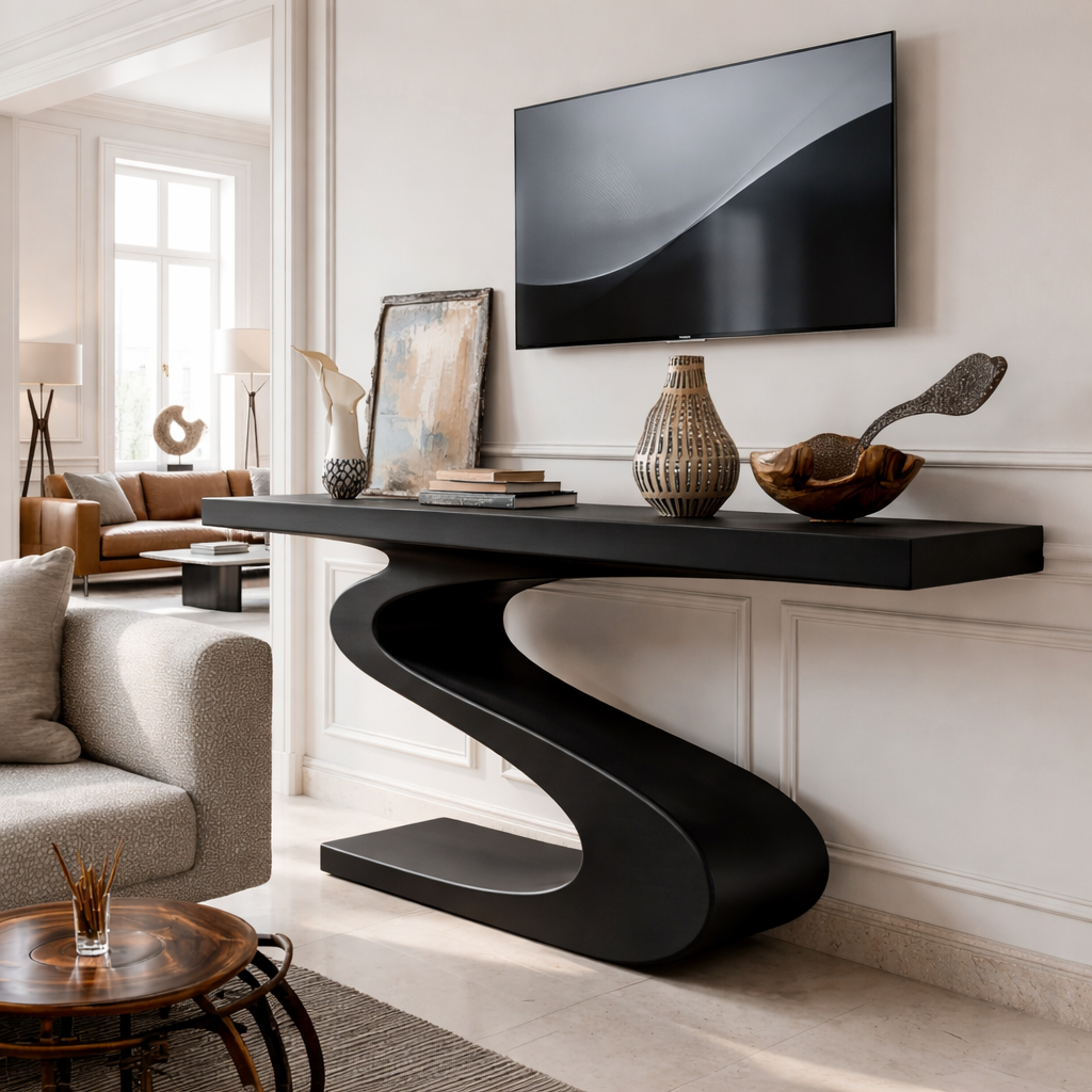 Solid Wood Console Table with Sculpted Curved Base, Modern Artistic Design - view 4 of 7