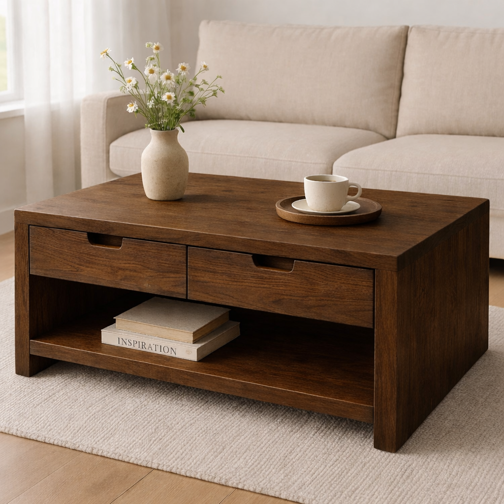 Solid Wood Coffee Table with Drawers and Open Shelf Rustic Living Room Table - view 3 of 7