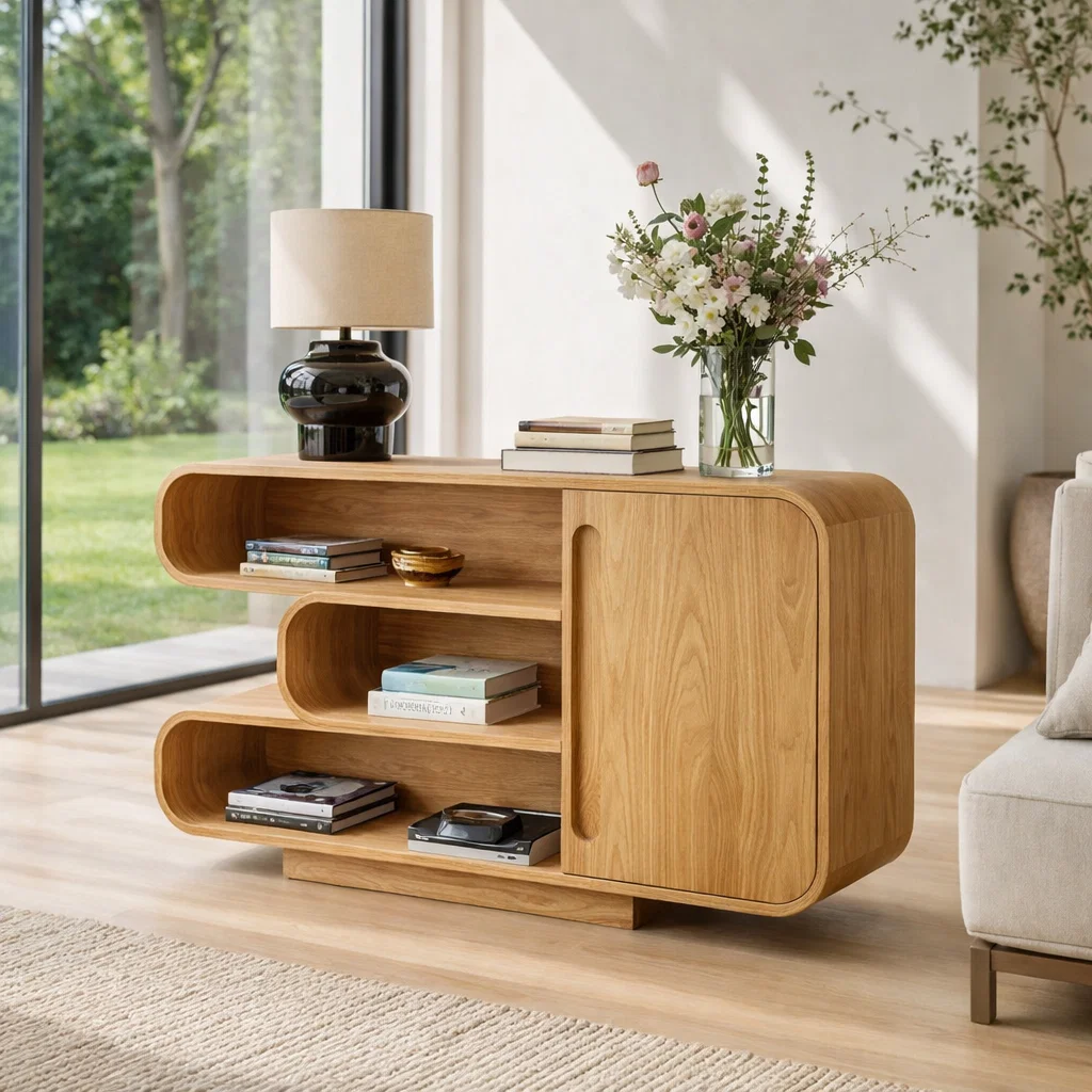 Curved Solid Wood Console Sideboard – Modern Walnut Storage Cabinet with Shelves - view 1 of 7