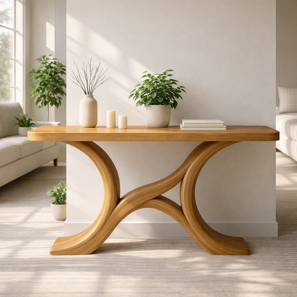 Modern Solid Wood Console Table, Sculptural Curved Base Entryway Hallway Statement Furniture - view 1 of 7
