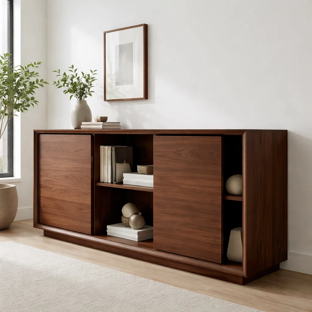 Walnut Console Cabinet with Sliding Doors – Modern Wood Storage Sideboard - view 2 of 7