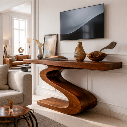 Solid Wood Console Table with Sculpted Curved Base, Modern Artistic Design - view 3 of 7