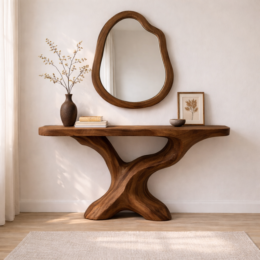 Sculptural Solid Wood Console Table, Organic Tree Base Entryway Table - view 6 of 7