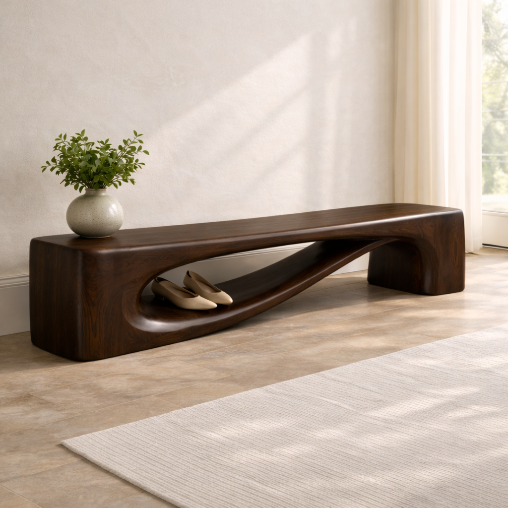 Modern Entryway Bench with Shelf Sculptural Hallway Seat Organic Statement Furniture - view 3 of 7