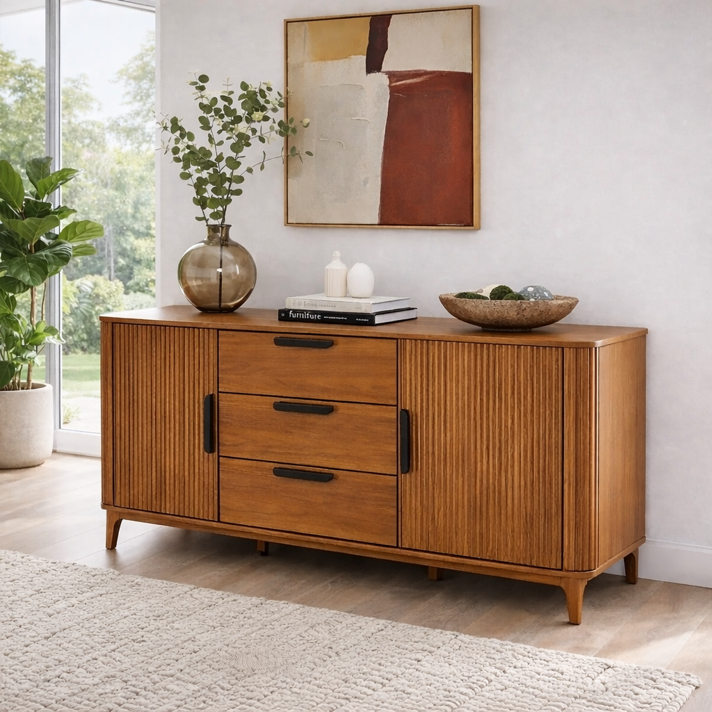 Fluted Sideboard Cabinet with Drawers and Doors – Modern Storage Buffet Console - view 3 of 7