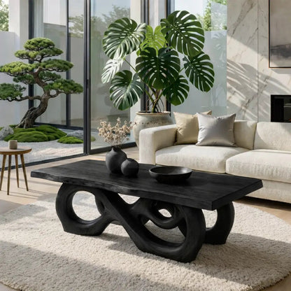 Sculptural Solid Wood Coffee Table with Artistic Carved Base, Modern Living Room Table - view 4 of 7