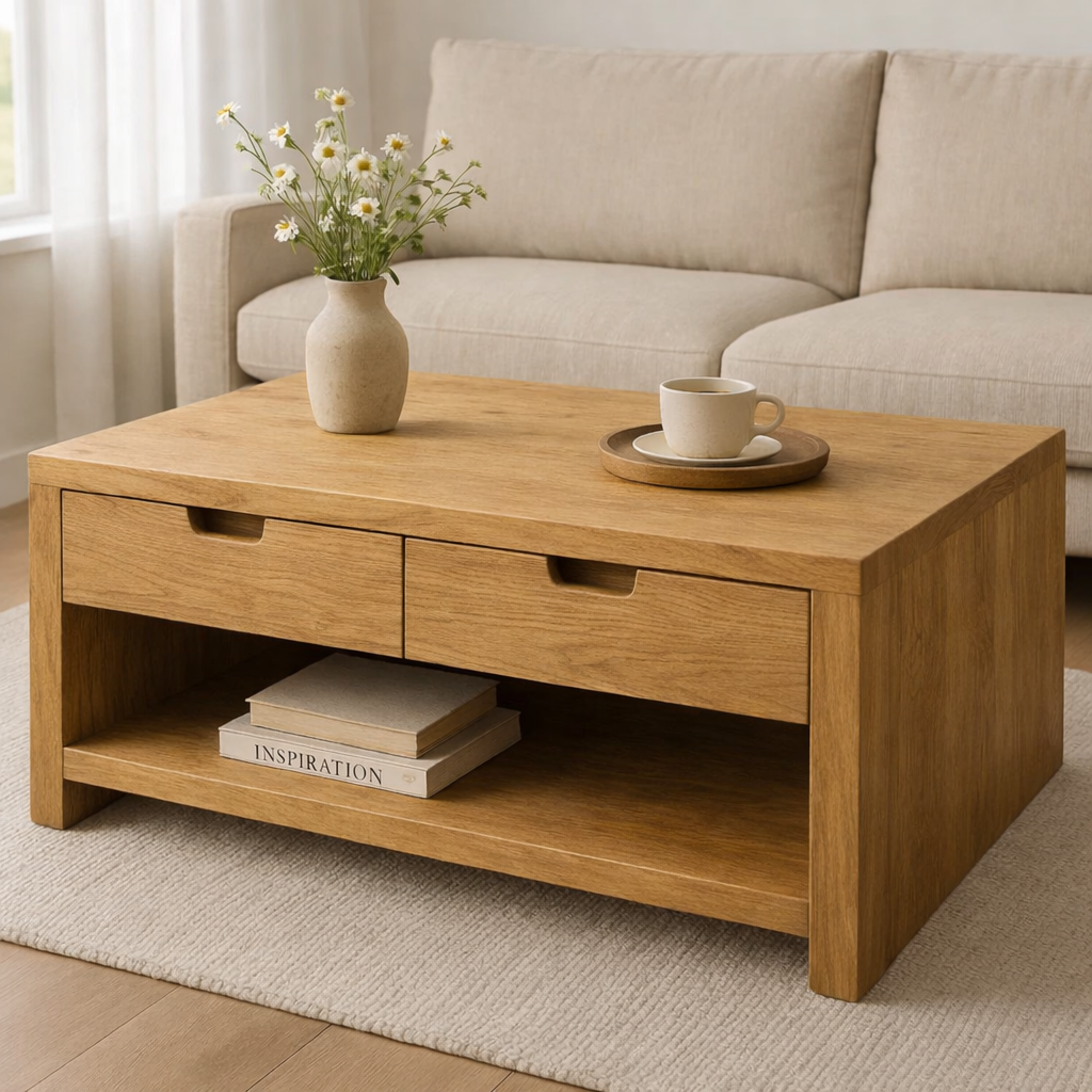 Solid Wood Coffee Table with Drawers and Open Shelf Rustic Living Room Table - view 4 of 7