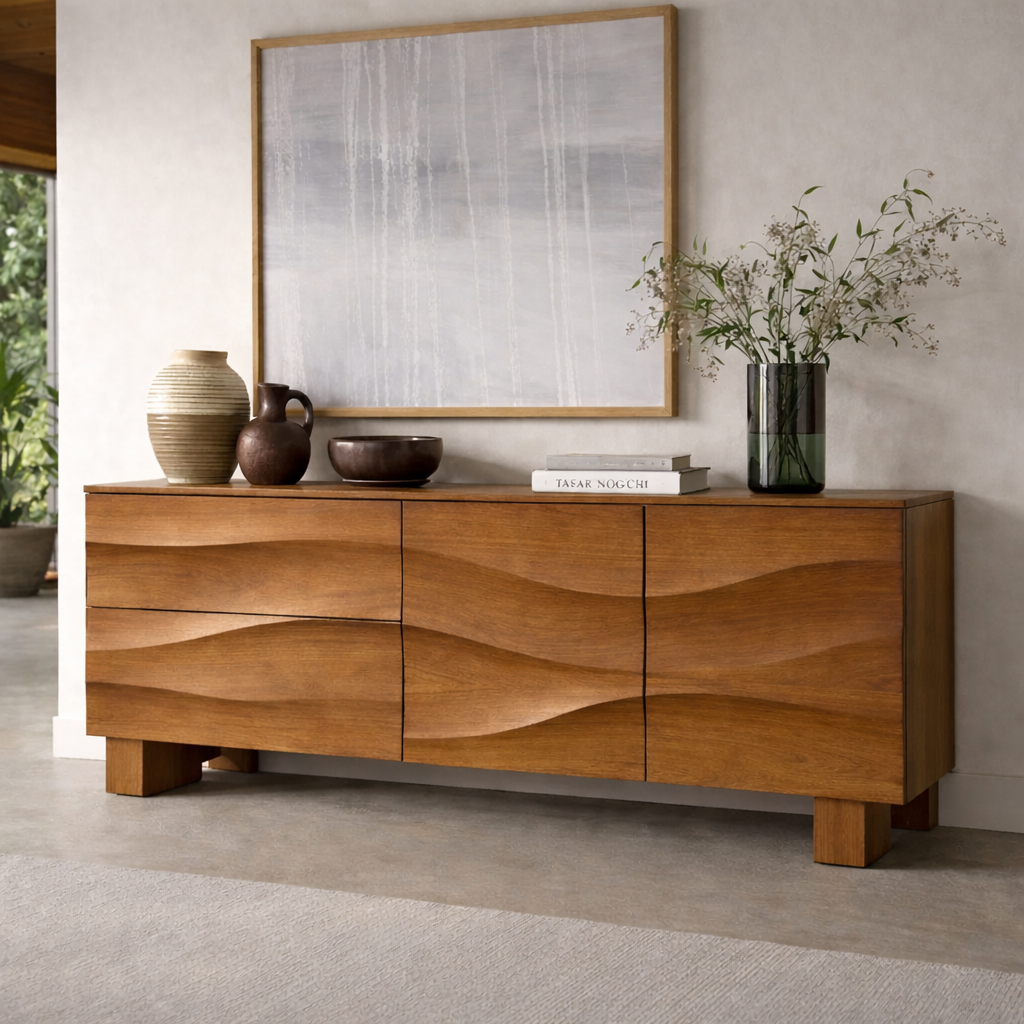Solid Wood Wave Front Console Cabinet – Modern Sculpted Storage Sideboard - view 3 of 7