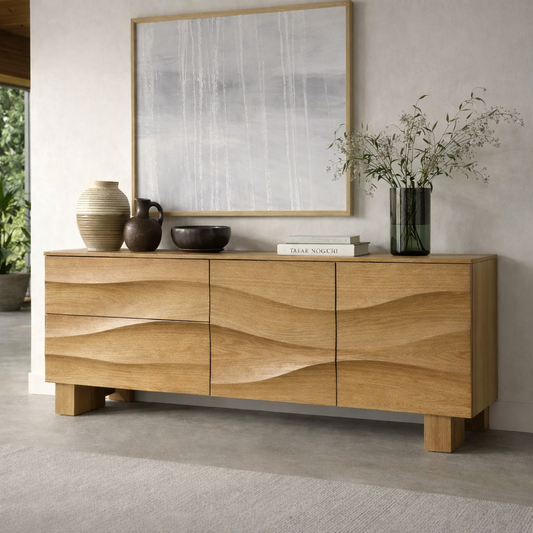 Solid Wood Wave Front Console Cabinet – Modern Sculpted Storage Sideboard - view 1 of 7