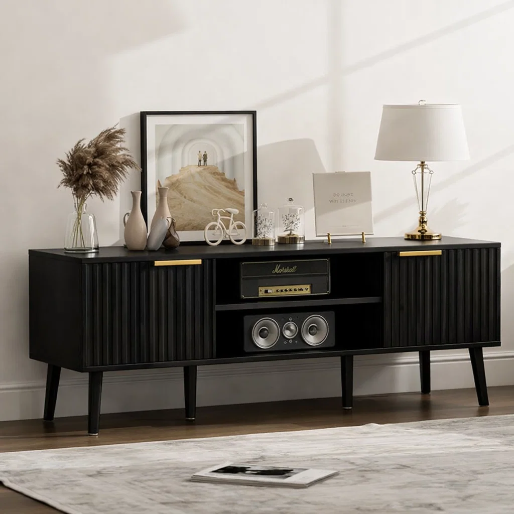 Mid Century Wood Sideboard Cabinet with Slatted Doors & Media Storage Shelf - view 4 of 7