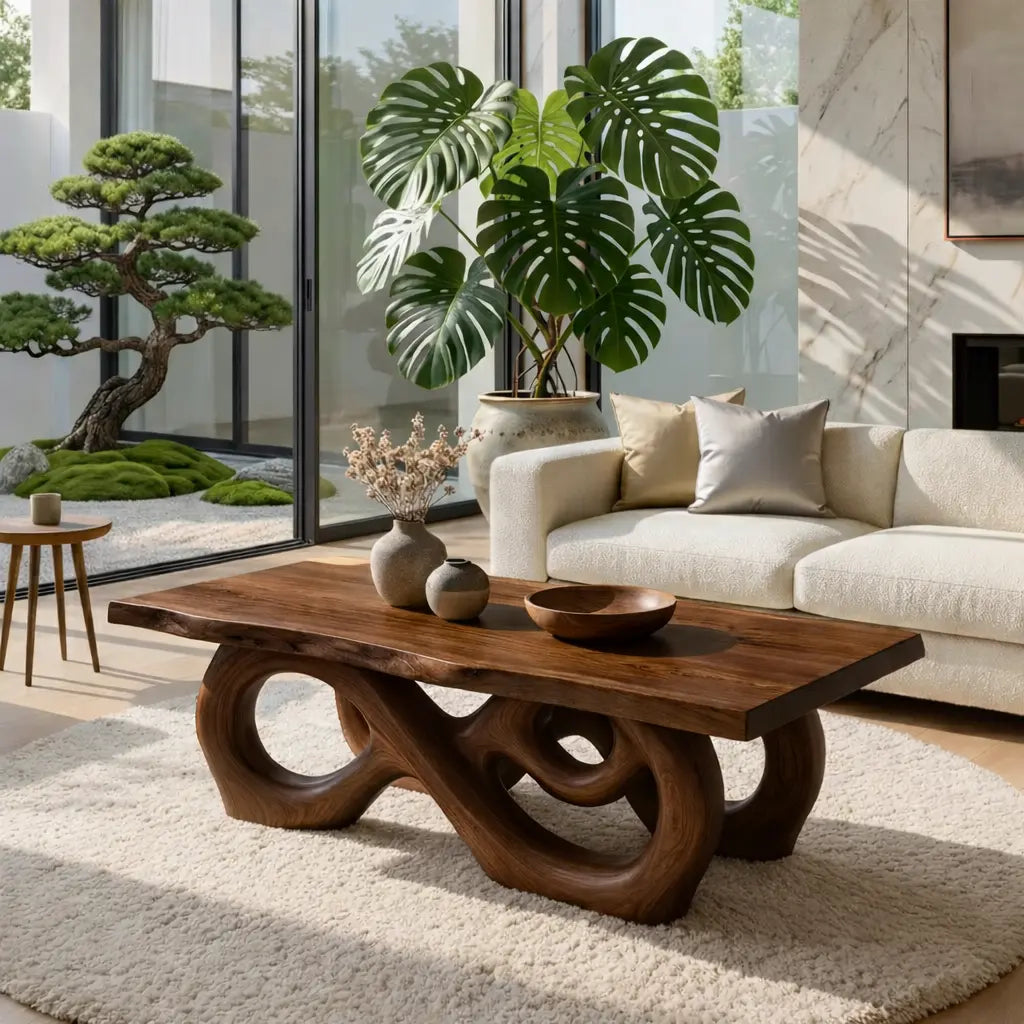 Sculptural Solid Wood Coffee Table with Artistic Carved Base, Modern Living Room Table - view 3 of 7