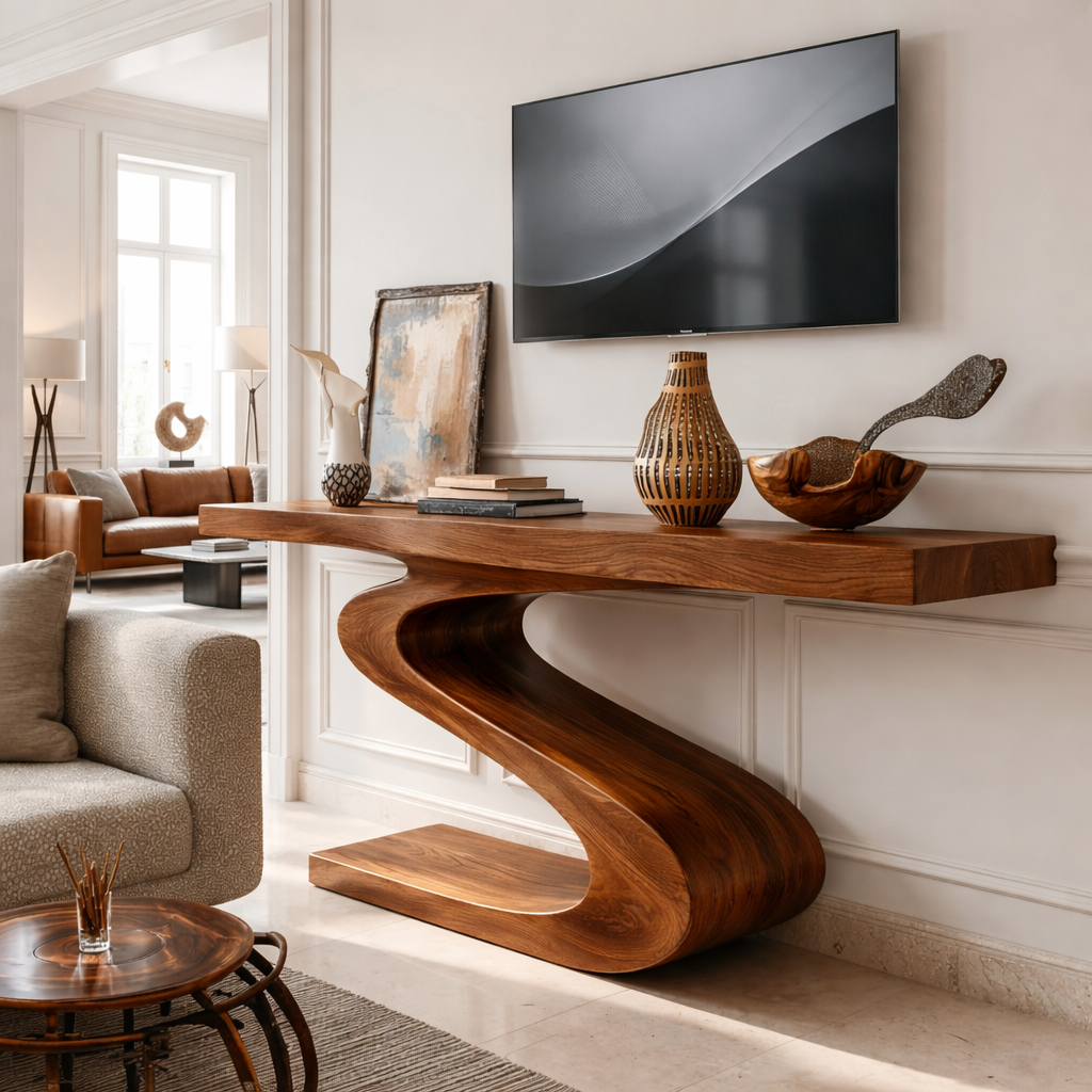 Solid Wood Console Table with Sculpted Curved Base, Modern Artistic Design - view 2 of 7