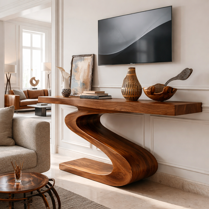 Solid Wood Console Table with Sculpted Curved Base, Modern Artistic Design - view 2 of 7