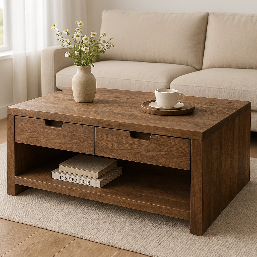Solid Wood Coffee Table with Drawers and Open Shelf Rustic Living Room Table - view 1 of 7