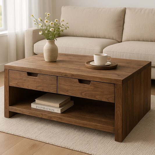 Solid Wood Coffee Table with Drawers and Open Shelf Rustic Living Room Table - view 1 of 7