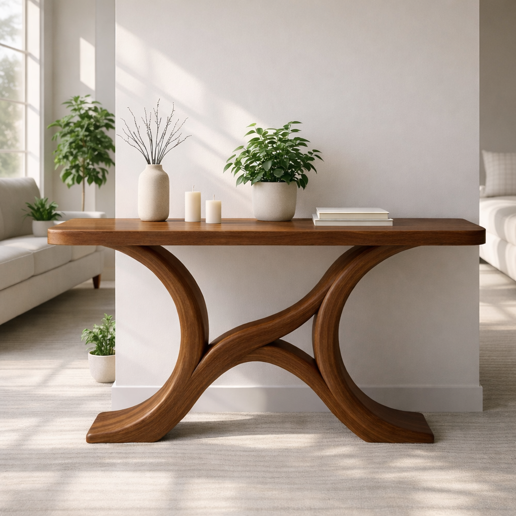Modern Solid Wood Console Table, Sculptural Curved Base Entryway Hallway Statement Furniture - view 6 of 7