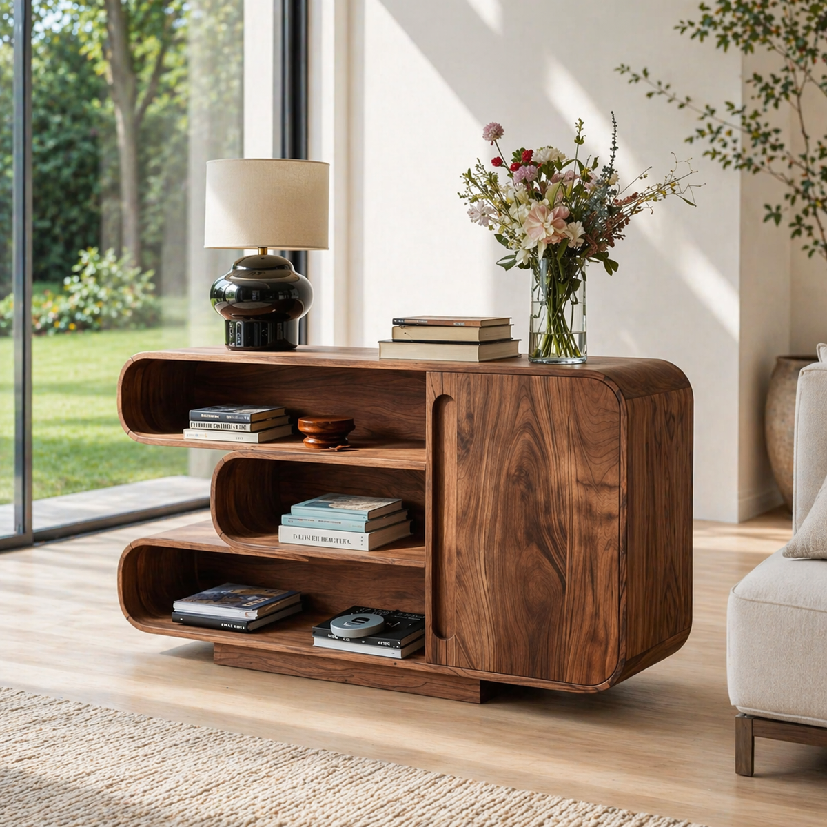 Curved Solid Wood Console Sideboard – Modern Walnut Storage Cabinet with Shelves - view 2 of 7