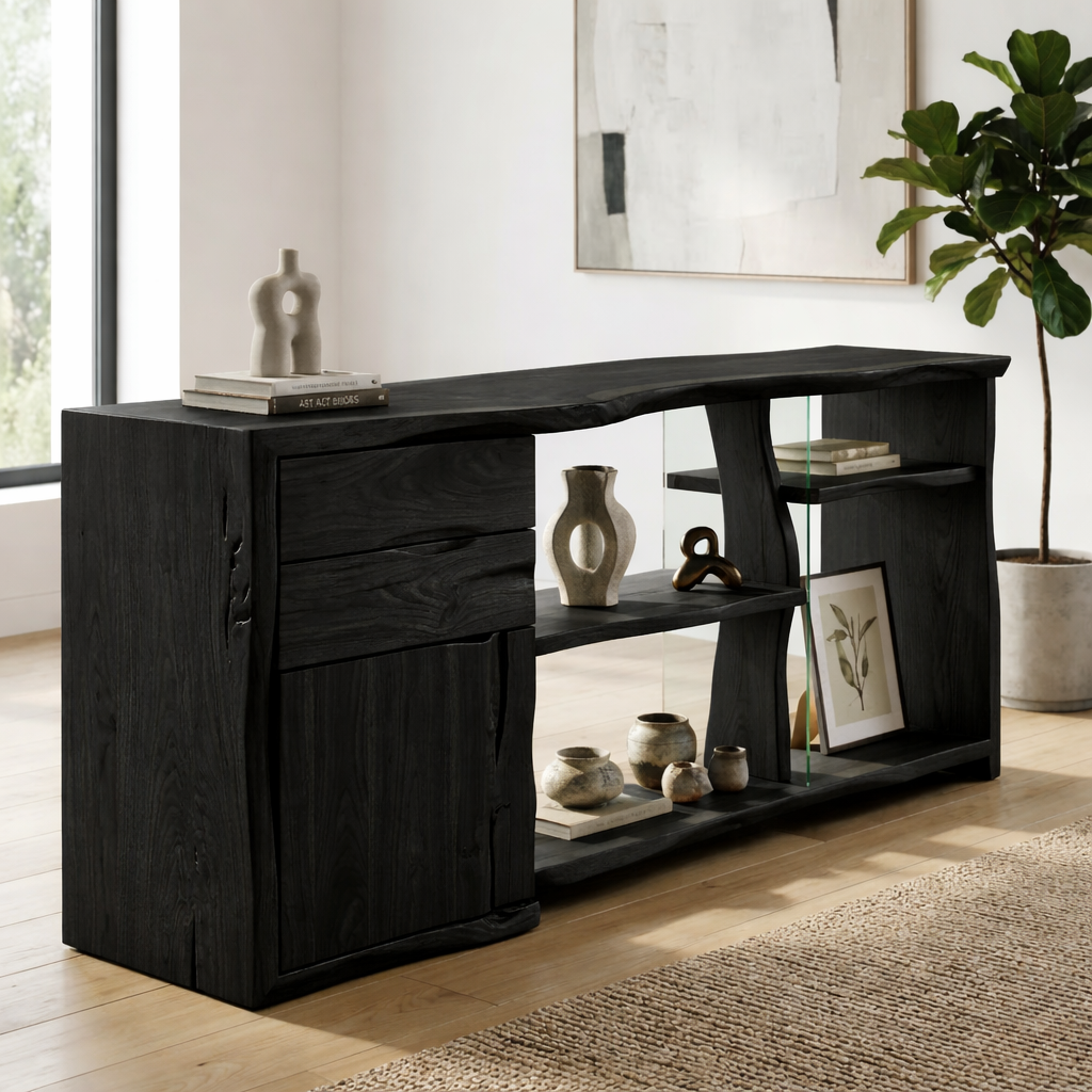 Live Edge Solid Wood Console Cabinet - Modern Rustic Sideboard with Glass Shelving - view 4 of 7