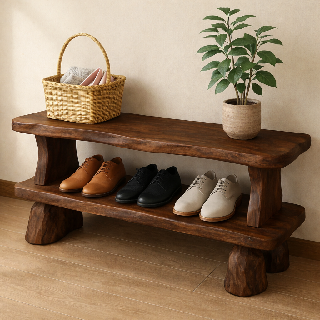 Solid Wood Entryway Bench with Shoe Storage Shelf – Rustic Wooden Shoe Bench - view 2 of 7
