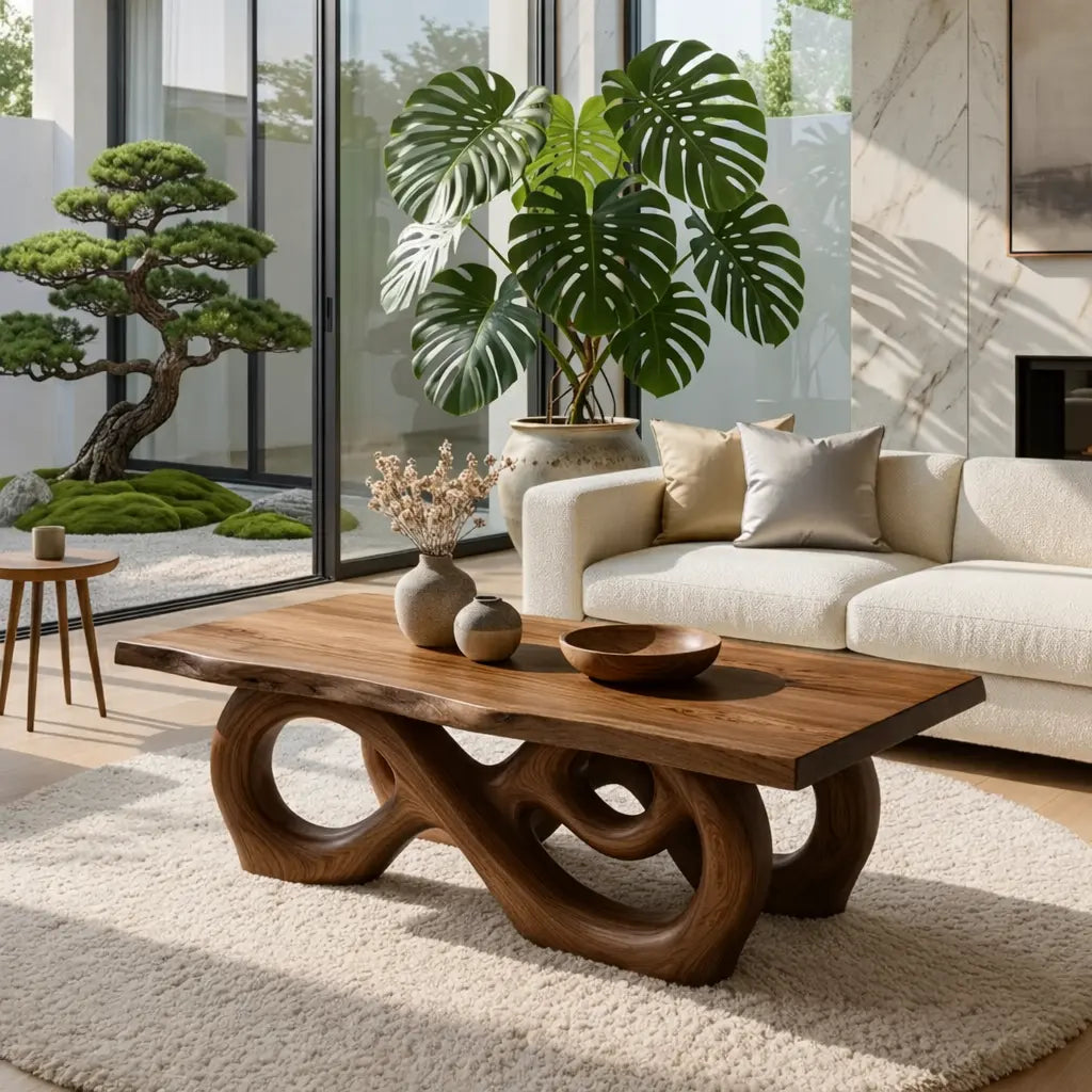 Sculptural Solid Wood Coffee Table with Artistic Carved Base, Modern Living Room Table - view 2 of 7