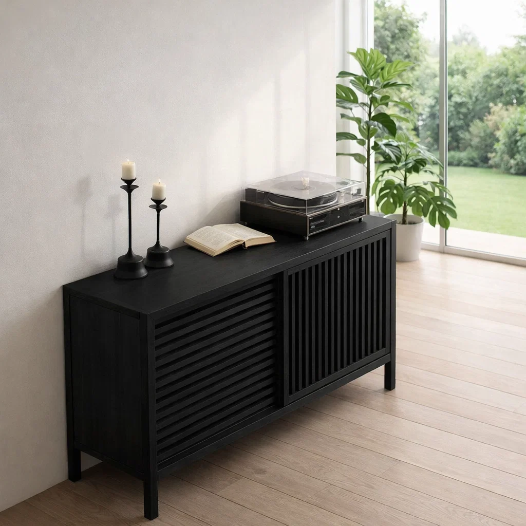 Slatted Sliding Door Sideboard Cabinet – Modern Minimalist Storage Console - view 4 of 7