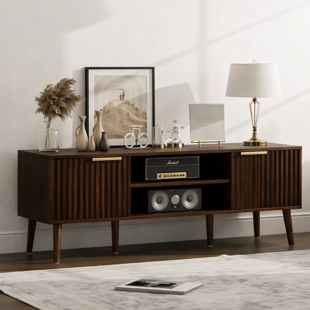 Mid Century Wood Sideboard Cabinet with Slatted Doors & Media Storage Shelf - view 2 of 7