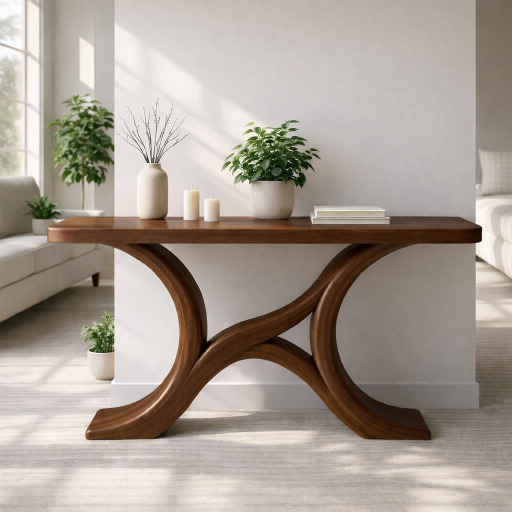 Modern Solid Wood Console Table, Sculptural Curved Base Entryway Hallway Statement Furniture - view 5 of 7