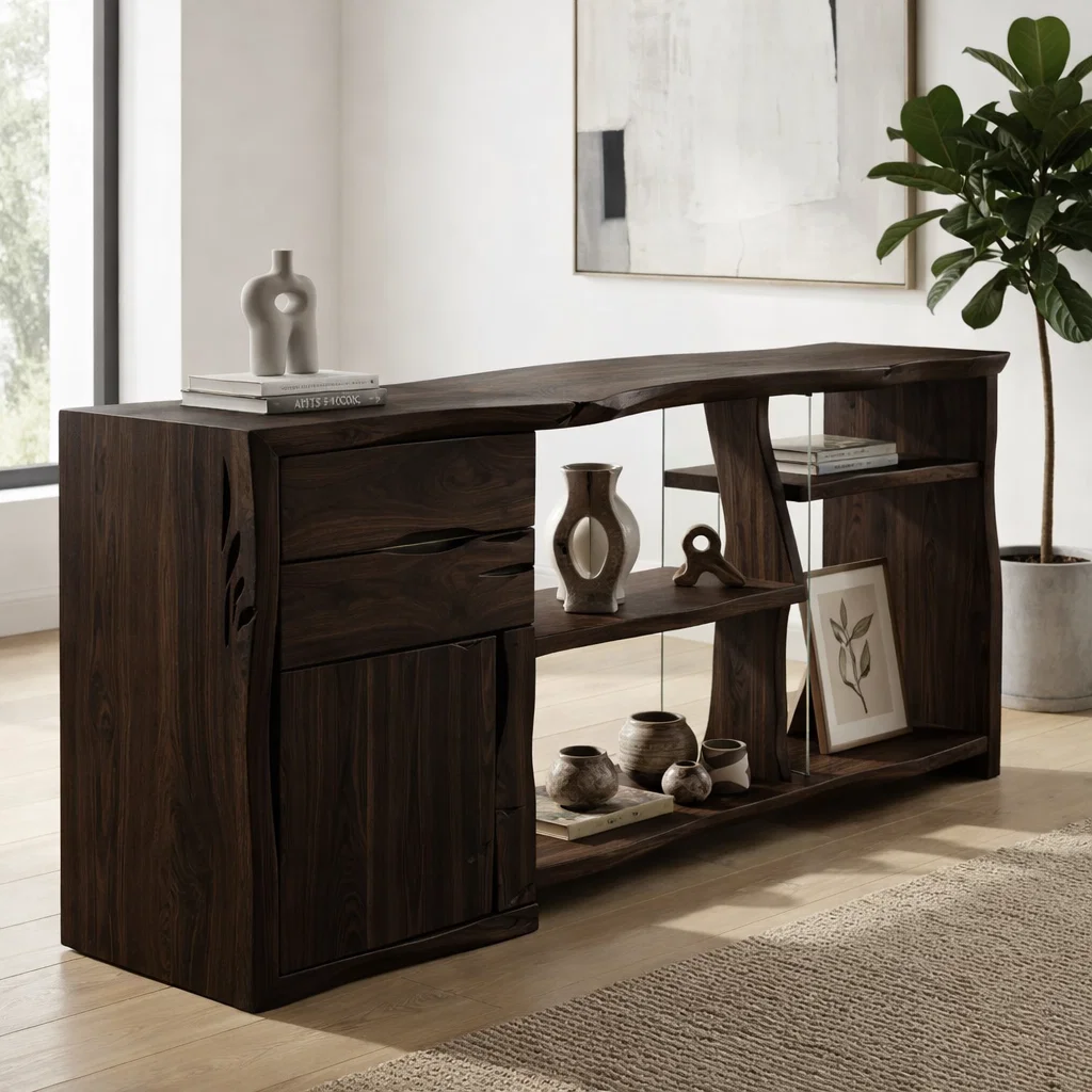 Live Edge Solid Wood Console Cabinet - Modern Rustic Sideboard with Glass Shelving - view 2 of 7