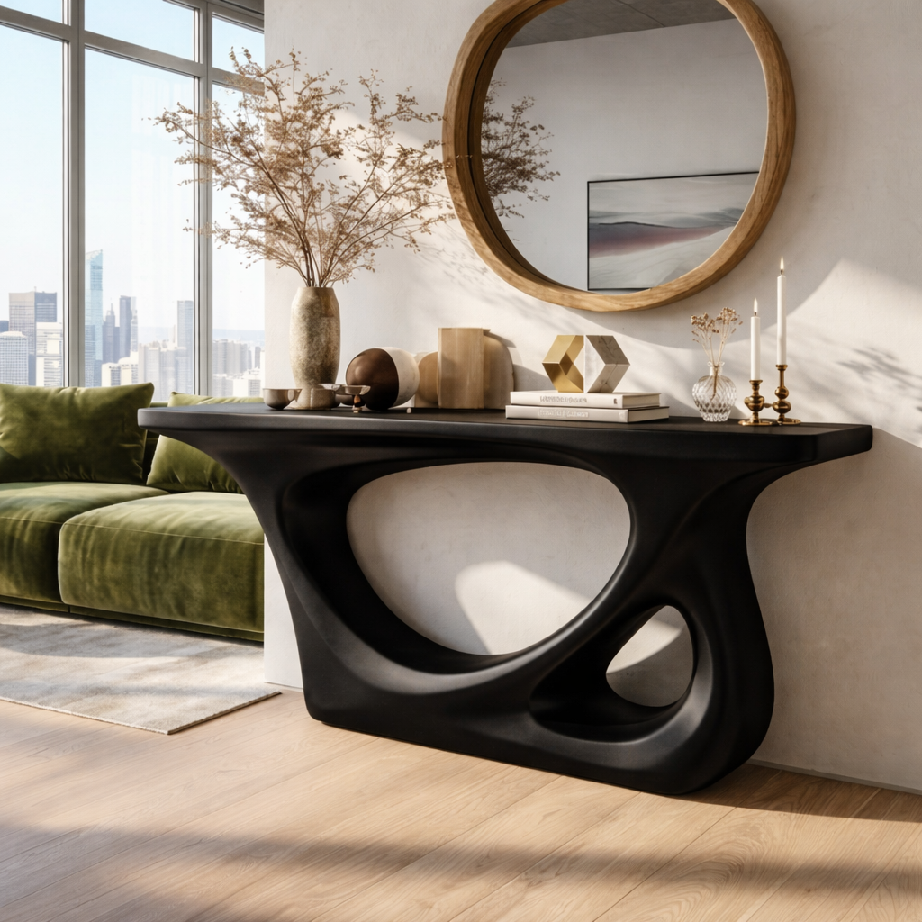 Modern Wooden Console Table with Round Mirror and Elegant Decor - view 4 of 7