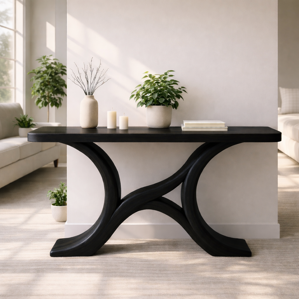 Modern Solid Wood Console Table, Sculptural Curved Base Entryway Hallway Statement Furniture - view 7 of 7