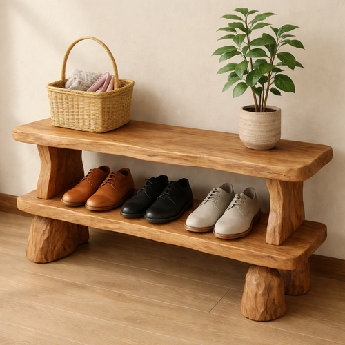 Solid Wood Entryway Bench with Shoe Storage Shelf – Rustic Wooden Shoe Bench - view 1 of 7