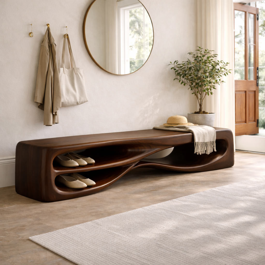 Modern Entryway Bench with Shoe Storage Sculptural Hallway Seat Statement Furniture - view 3 of 7