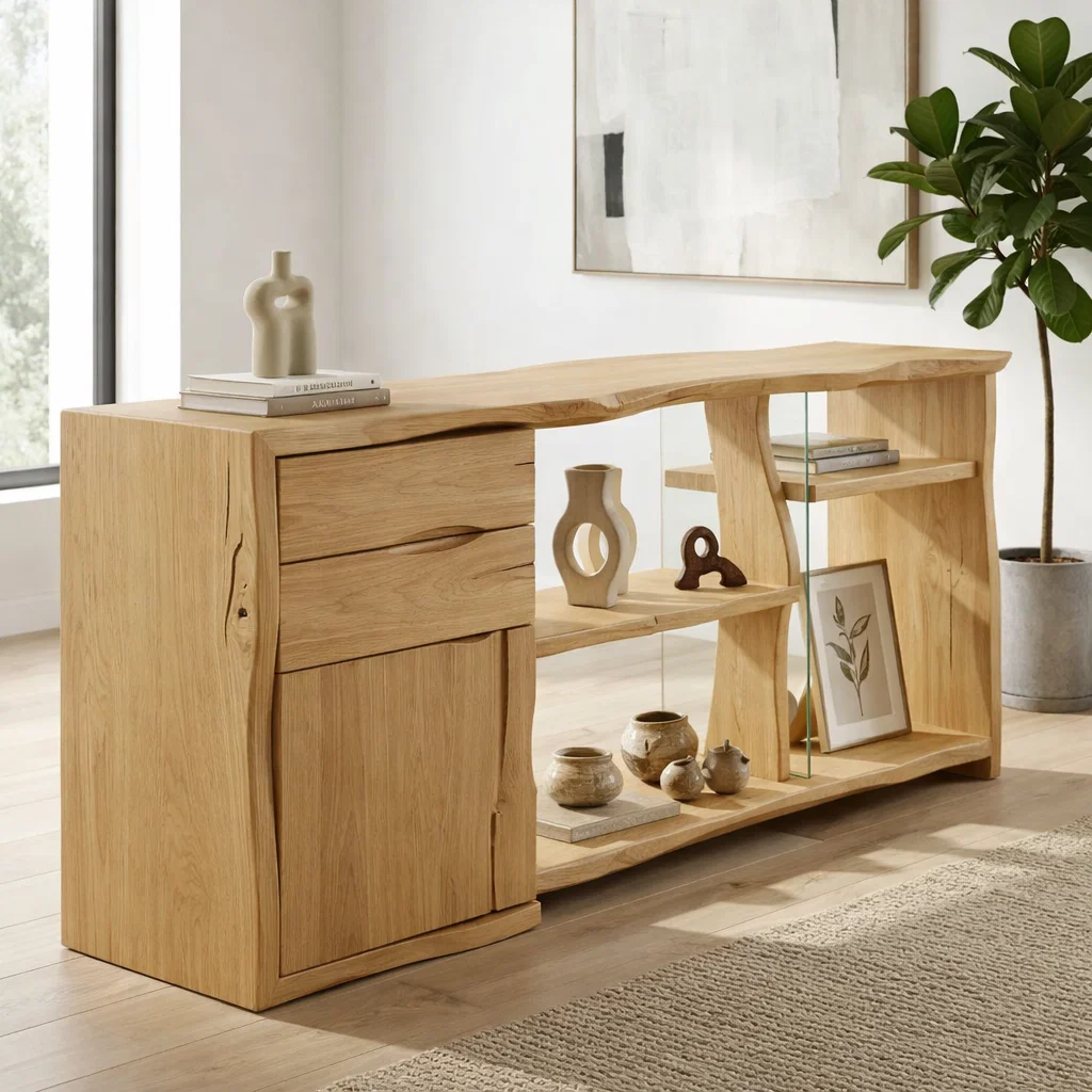 Live Edge Solid Wood Console Cabinet - Modern Rustic Sideboard with Glass Shelving - view 1 of 7