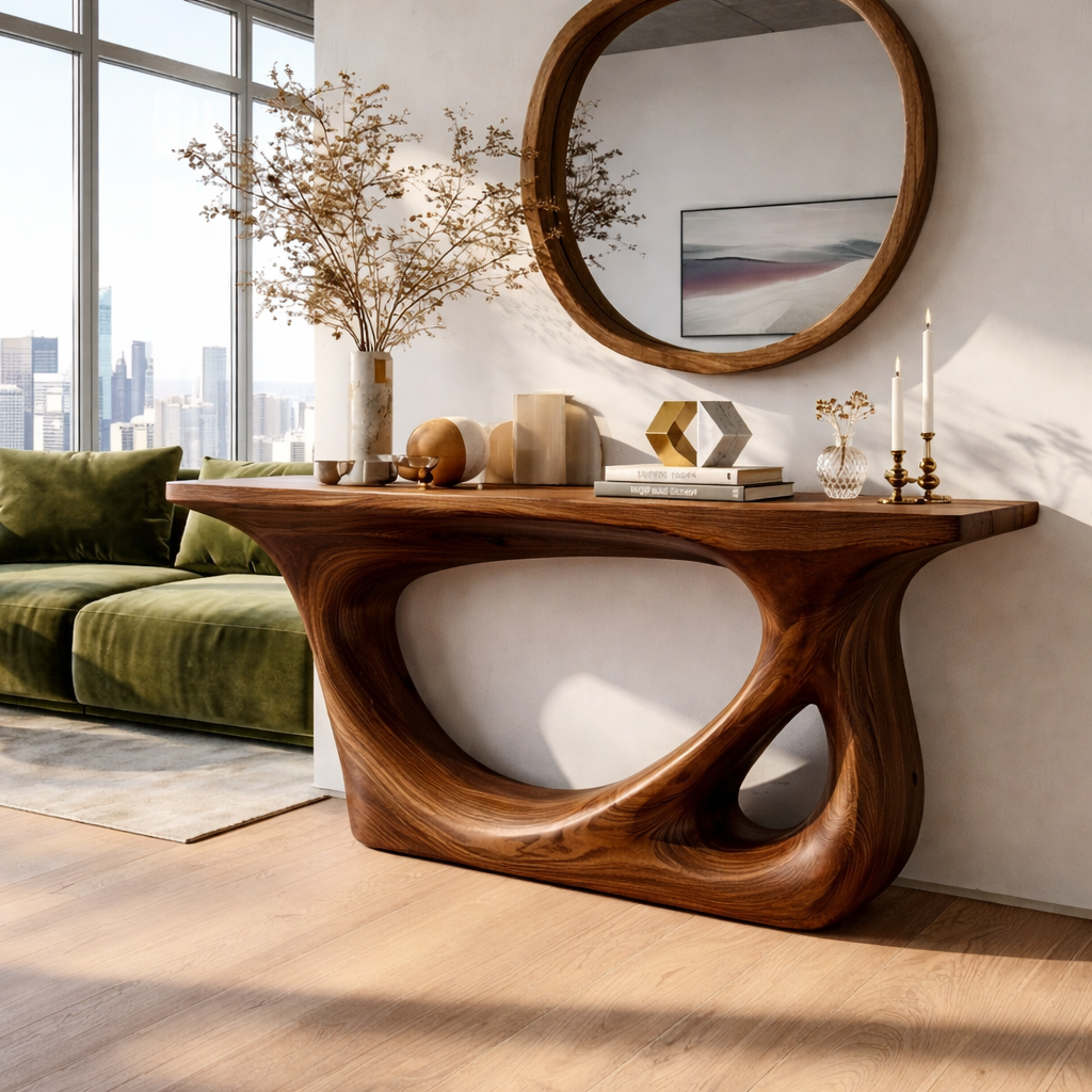 Modern Wooden Console Table with Round Mirror and Elegant Decor - view 3 of 7