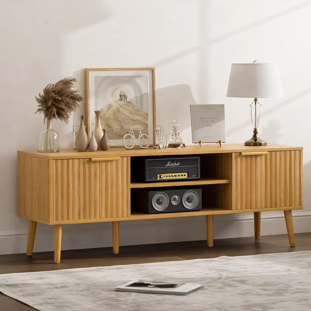 Mid Century Wood Sideboard Cabinet with Slatted Doors & Media Storage Shelf - view 1 of 7