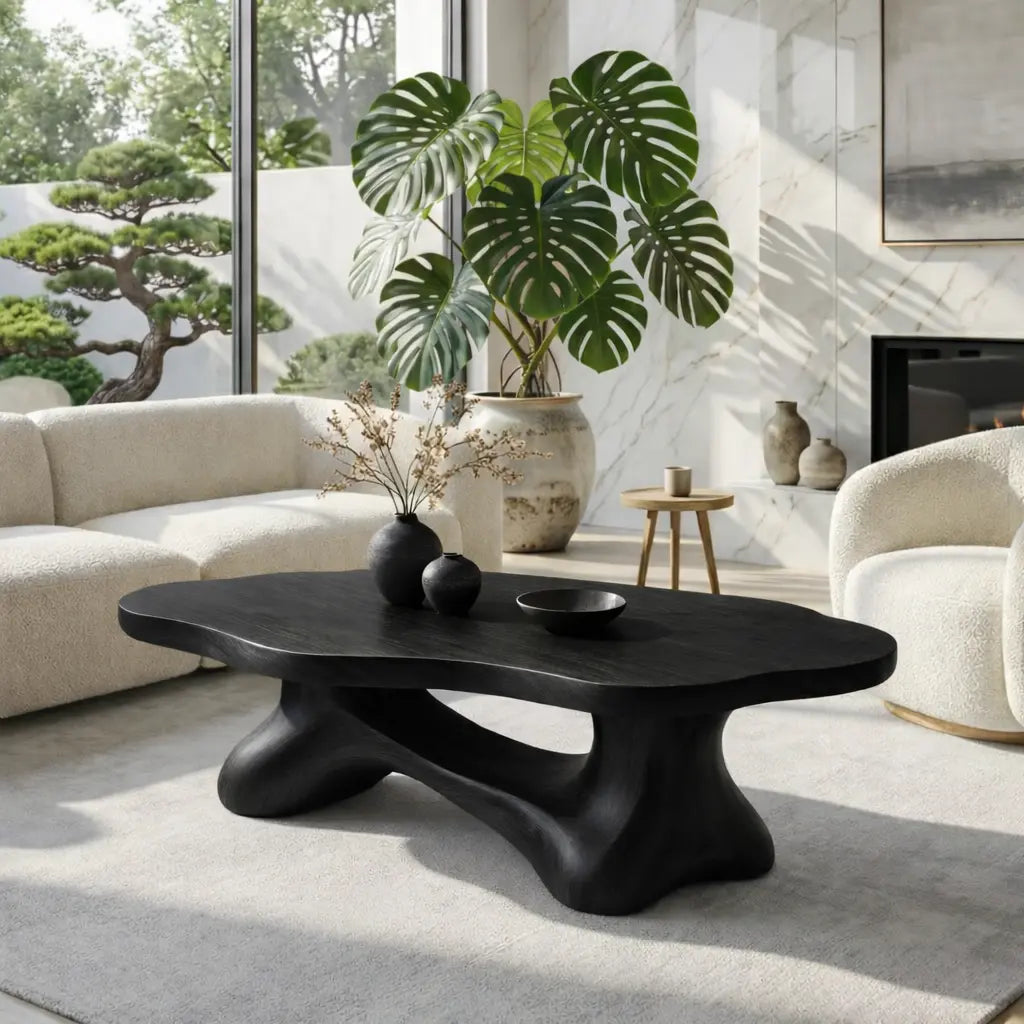 Solid Wood Sculptural Coffee Table with Organic Carved Base, Modern Designer Living Room Table - view 4 of 7