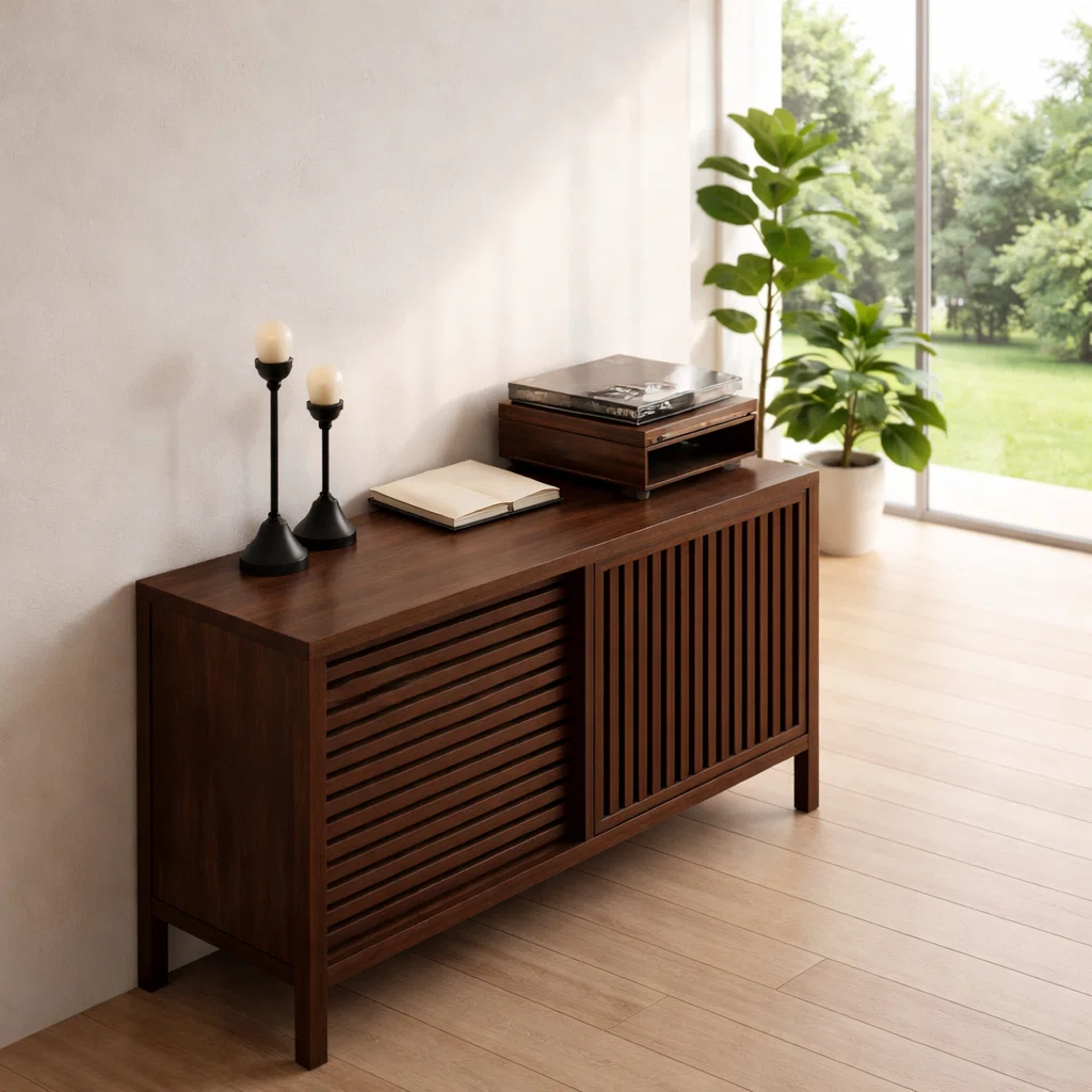 Slatted Sliding Door Sideboard Cabinet – Modern Minimalist Storage Console - view 2 of 7