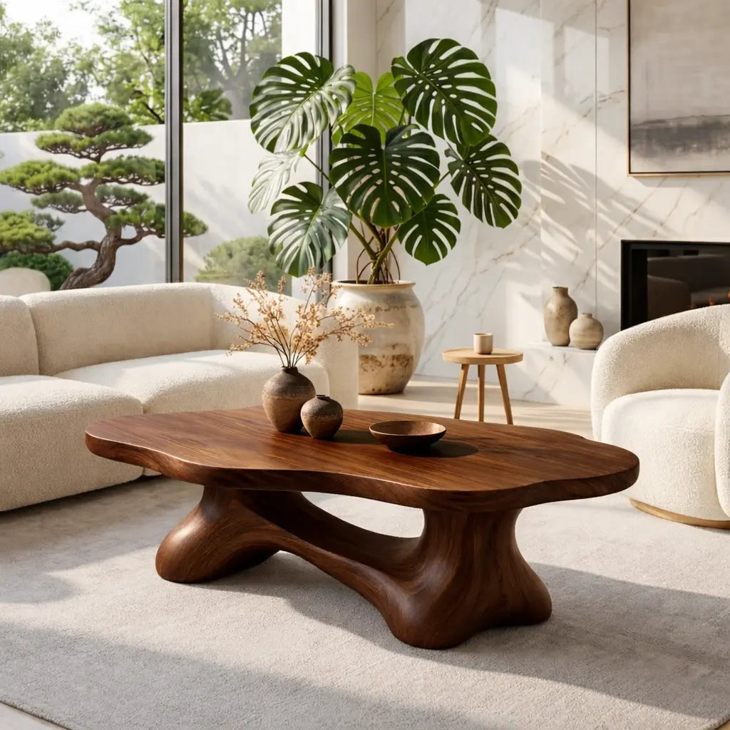 Solid Wood Sculptural Coffee Table with Organic Carved Base, Modern Designer Living Room Table - view 3 of 7
