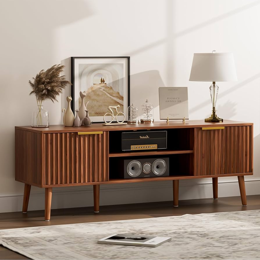 Mid Century Wood Sideboard Cabinet with Slatted Doors & Media Storage Shelf - view 3 of 7