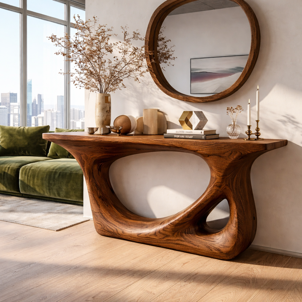 Modern Wooden Console Table with Round Mirror and Elegant Decor - view 2 of 7