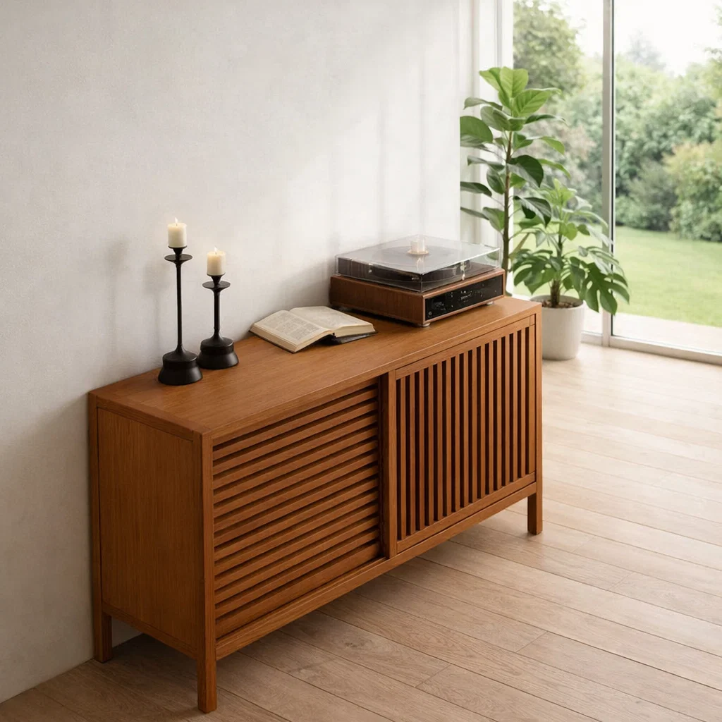 Slatted Sliding Door Sideboard Cabinet – Modern Minimalist Storage Console - view 3 of 7