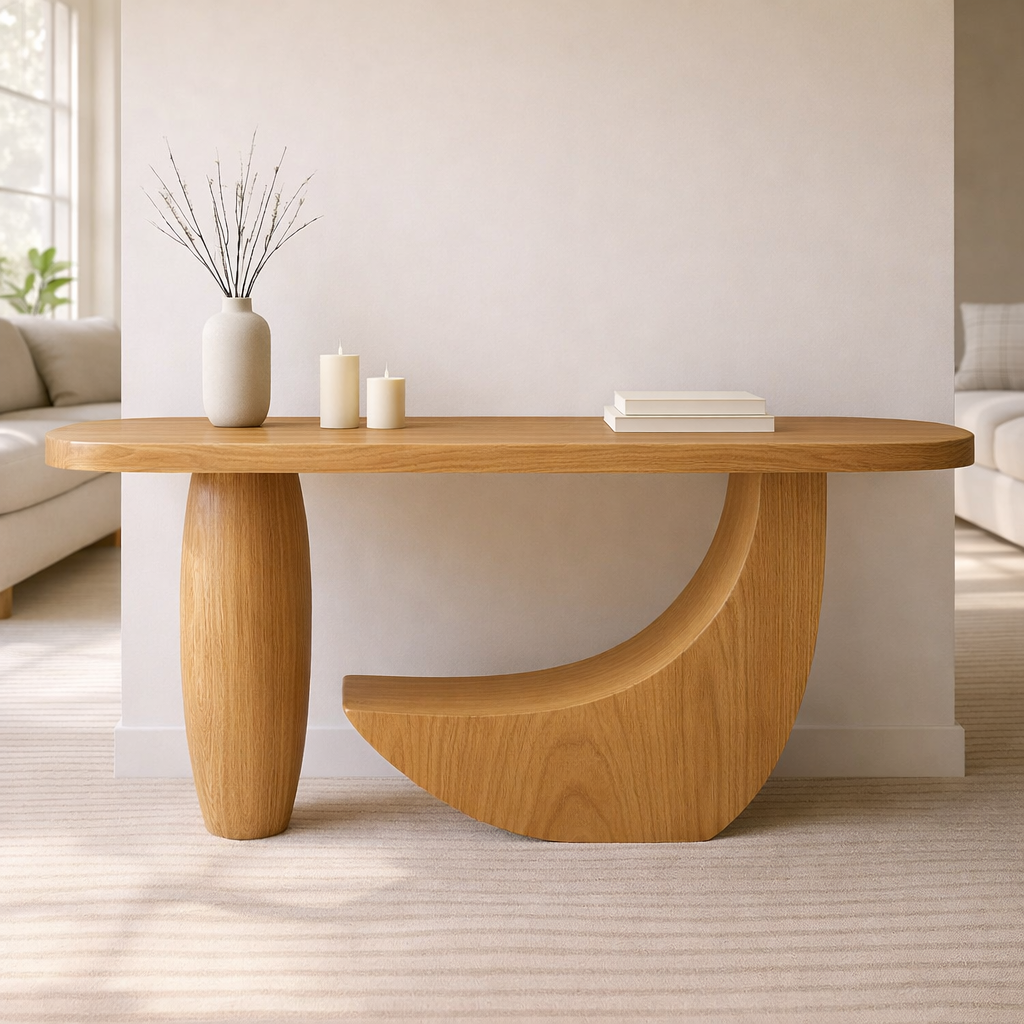 Modern Solid Wood Console Table, Sculptural Curved Base Entryway Hallway Statement Furniture - view 1 of 7