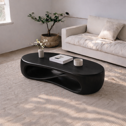 Solid Wood Sculptural Coffee Table with Curved Storage Shelf – Modern Living Room Table - view 2 of 7
