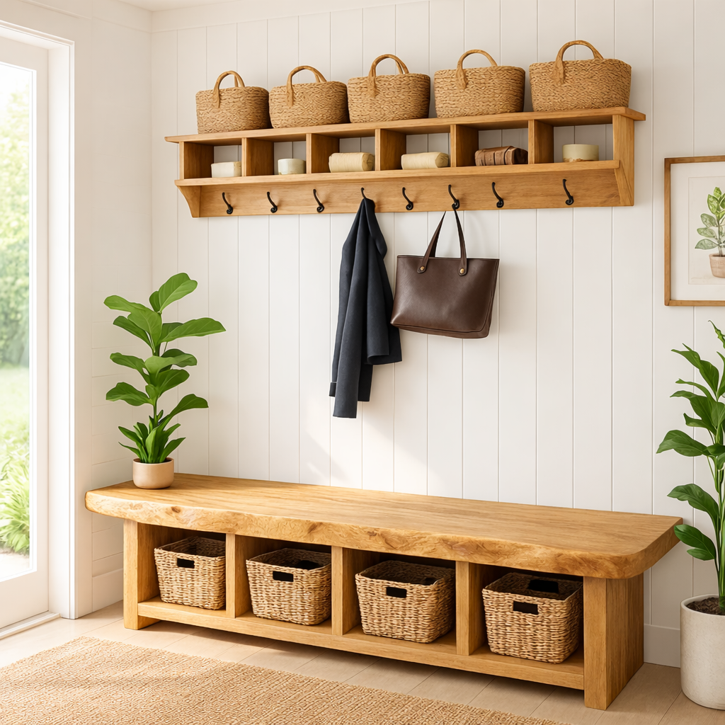 Solid Wood Entryway Bench with Storage Cubbies, Rustic Hallway Organizer Seat - view 1 of 7