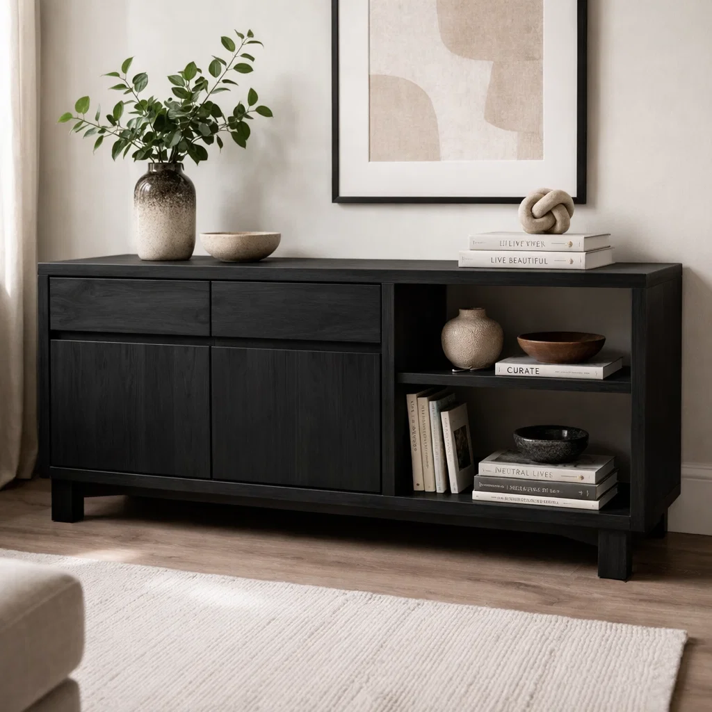 Solid Wood Console Cabinet with Drawers and Open Shelves - view 4 of 7