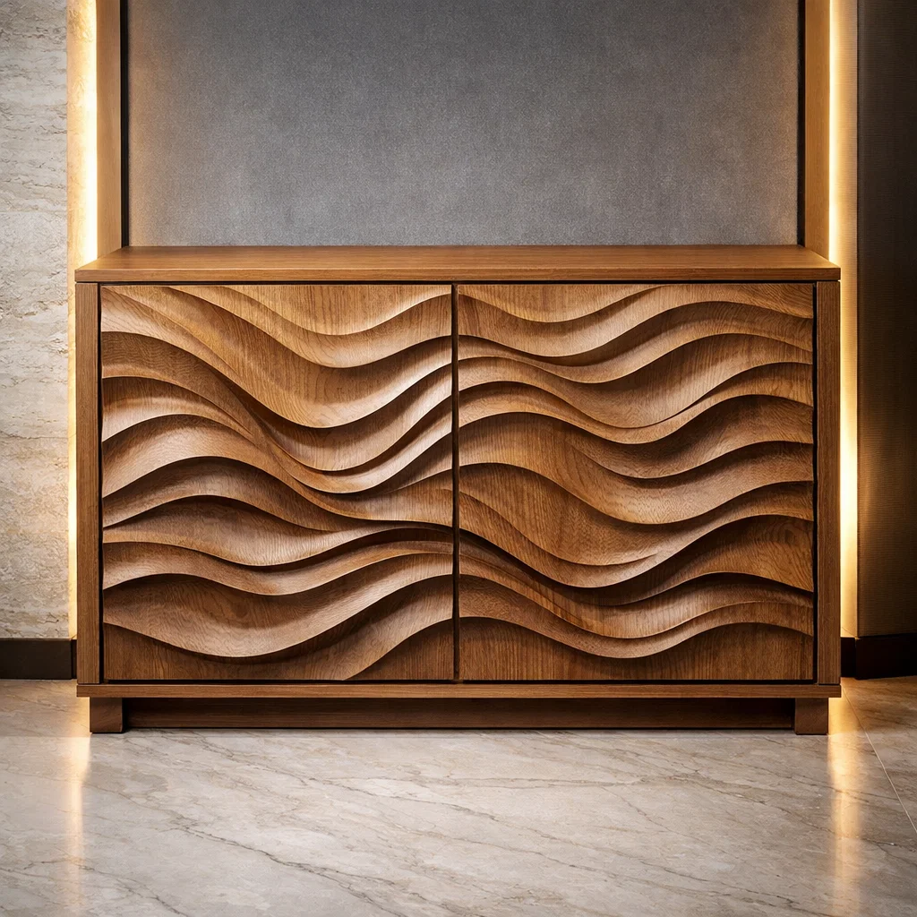 Wave-Pattern Solid Wood Console Cabinet - Modern Home Storage - view 3 of 7