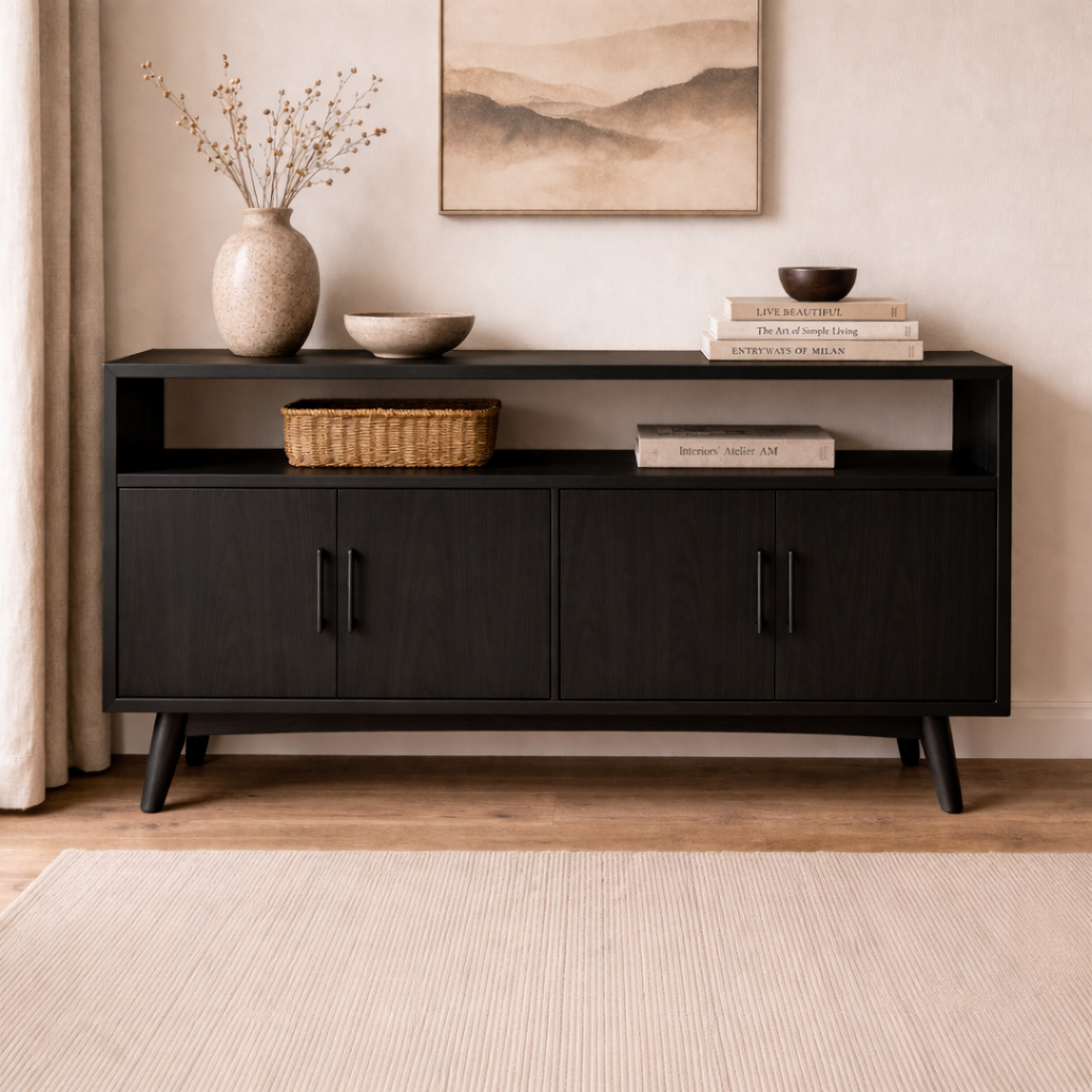 Solid Wood Console Cabinet with Open Shelf and 4 Doors – Modern Storage Sideboard - view 4 of 7